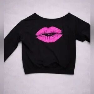 Women’s Black Scoop Neck Sweater with Pink Lip Graphic